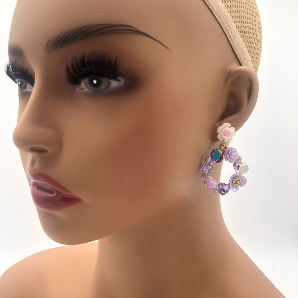 Rose Multi Rhinestone Hoop Earrings - Picture 5 of 7